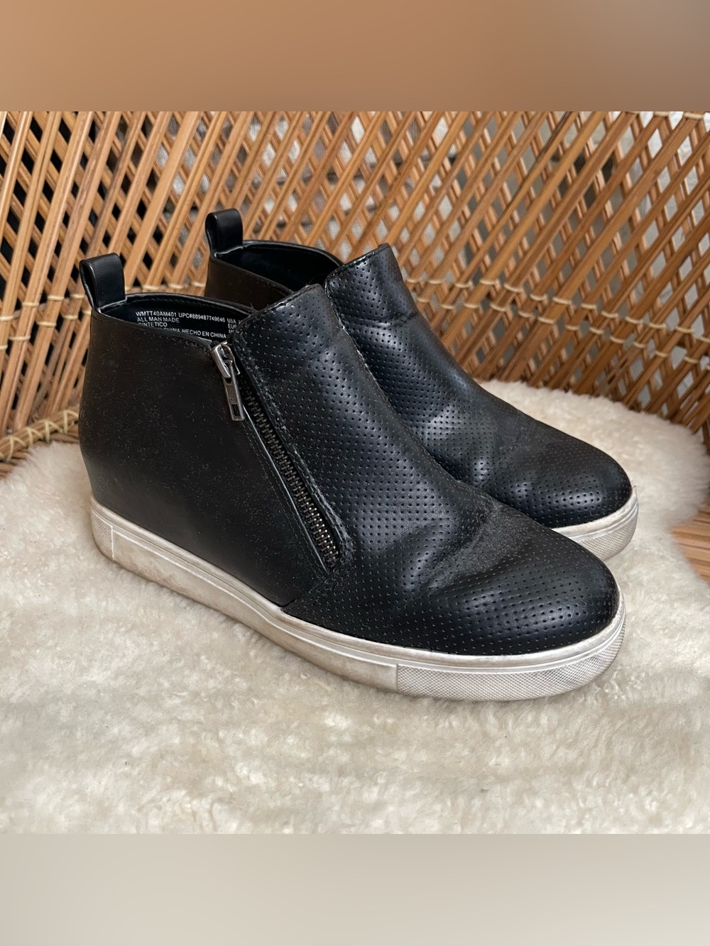 Time and Tru Black Perforated Side-Zip Wedge Sneakers